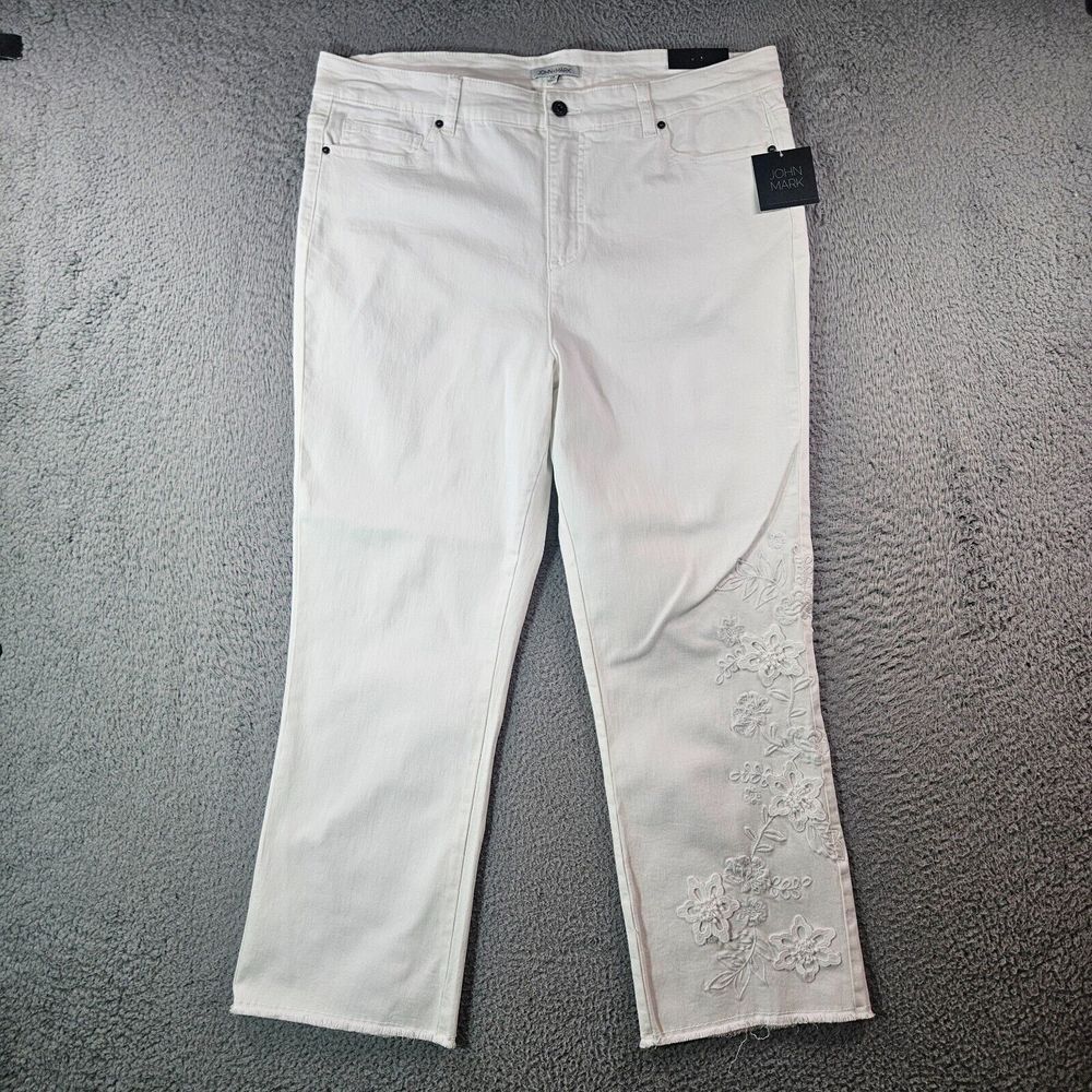 $119 NWT John Mark Denim Pants Women 16 Floral Embroidered Ankle‎ Stretch White